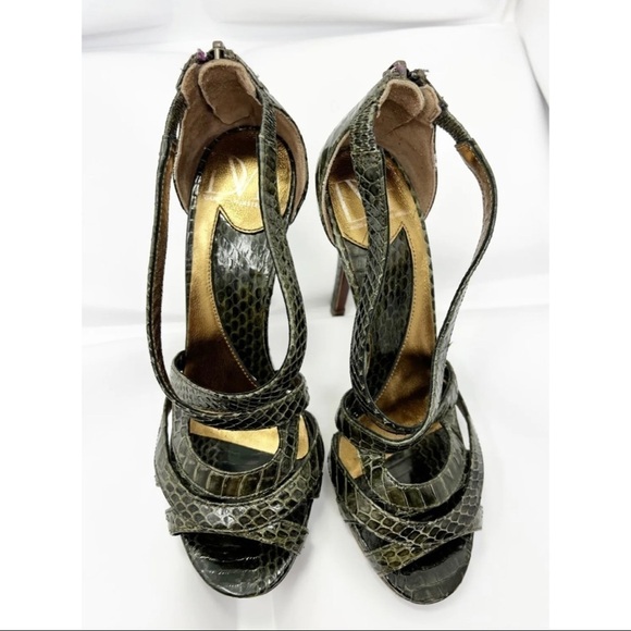 Diane von Furstenberg Sz 5.5 M Green Snake Snakeskin Embossed Heeled Sandals - Picture 10 of 11
